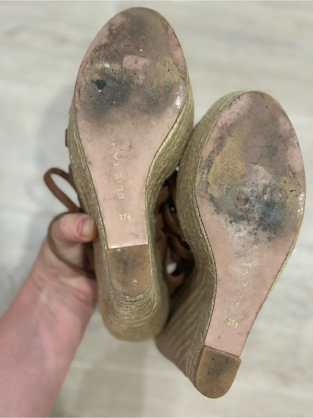 Elie Tahari Brown Braided Leather Espadrille Wedge Sandals